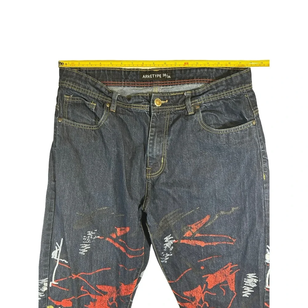 Arketype Mens Abstract Graphic Paint Straight Leg Jeans Dark Wash Blue 38x34
